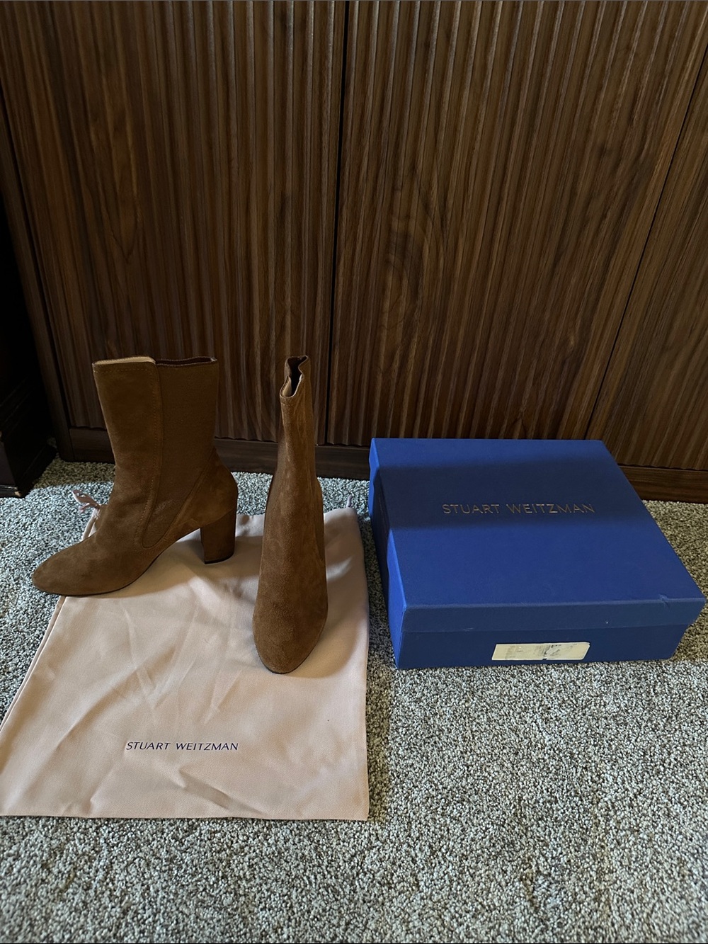 Stuart Weitzman Brown Suede Ankle Booties with Block Heel